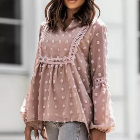 β€οΈπHPπNew Ruffled Swiss Dot Split Neck Ruffle Babydoll Blouse - Picture 2 of 16